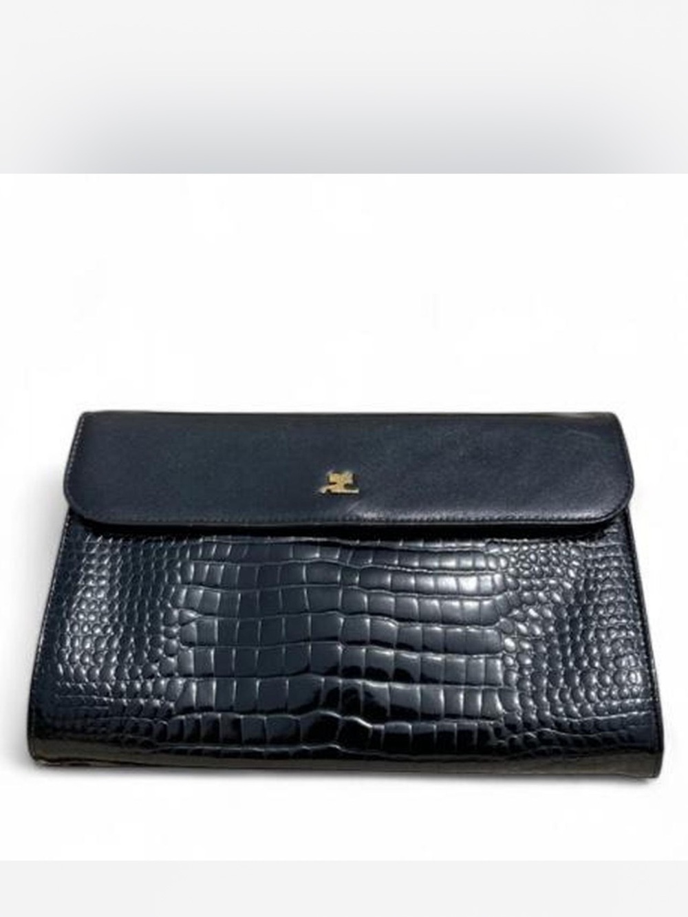 Courreges Vintage Croc-Embossed Black Patent Envelope Wallet Clutch